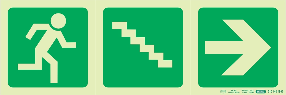 Photoluminescent 190MM Safety Sign - E16-Running Man+Stairs Going Down+Arrow Right