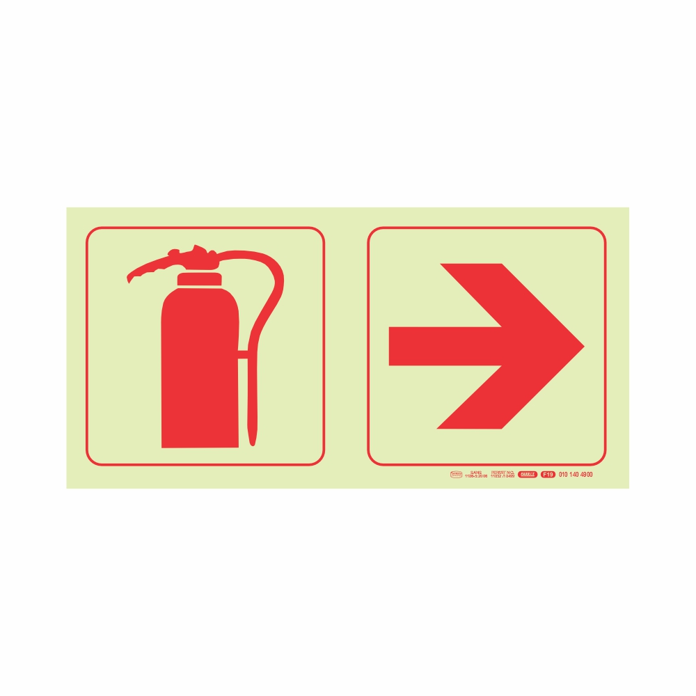 PHOTOLUMINESCENT 190MM SAFETY SIGN - F19-FIRE EXTINGUISHER+ARROW RIGHT