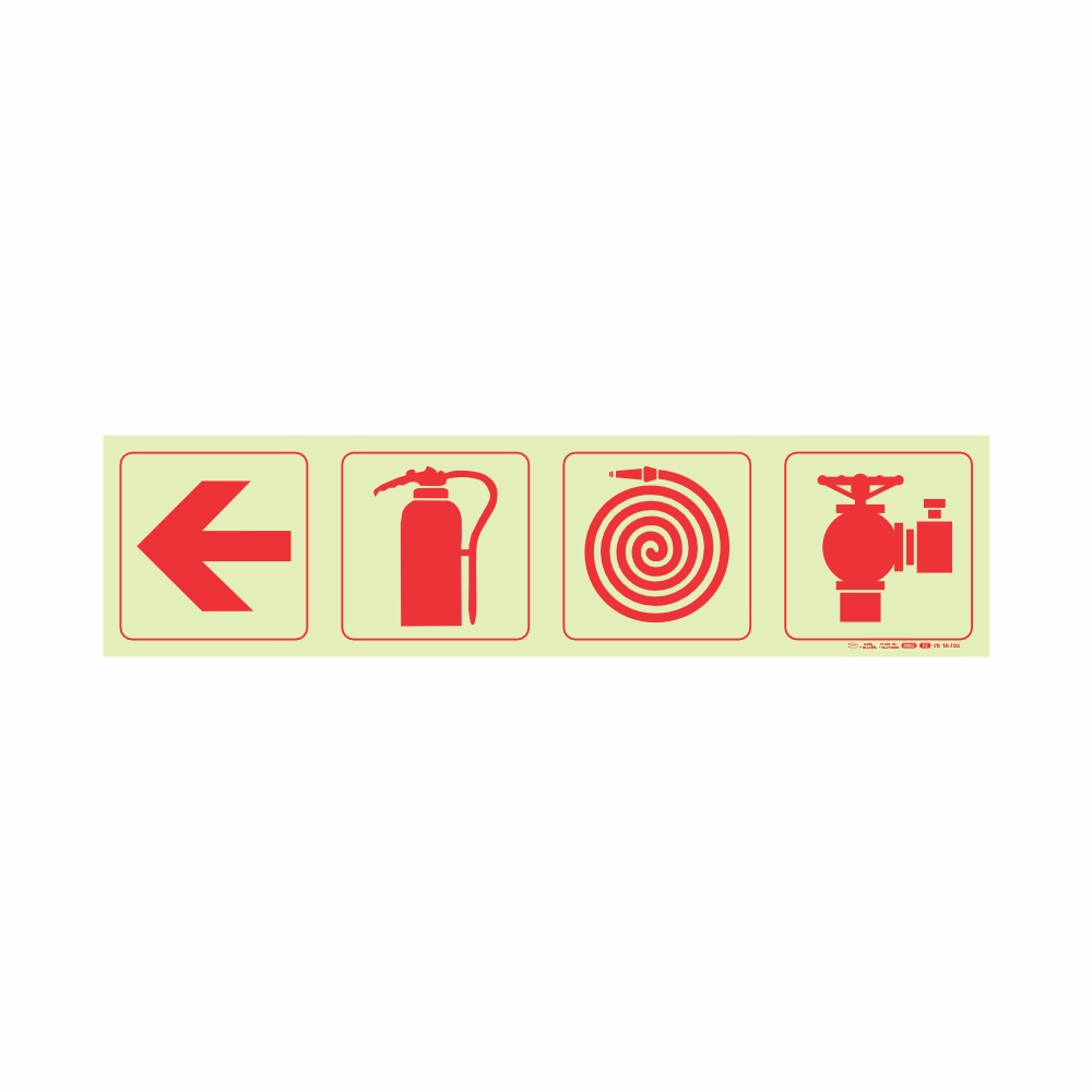 PHOTOLUMINESCENT 190MM SAFETY SIGN - F1-ARROW DOWN + FIRE EXTINGUISHER + FIRE HOSE REEL+FIRE HYDRANT