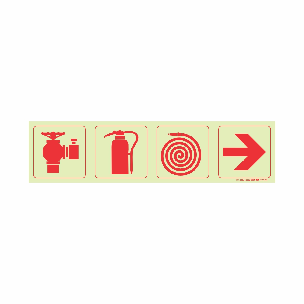 PHOTOLUMINESCENT 190MM SAFETY SIGN - F3-FIRE HYDRANT+FIRE EXTINGUISHER+FORE HOSE REEL+ARROW RIGHT